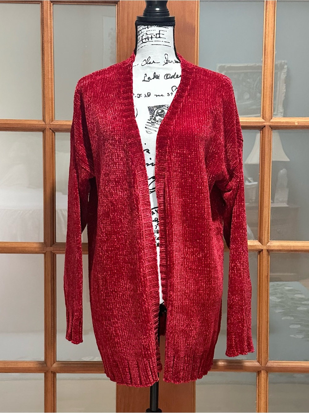 Simply Noelle Red Chenille Open-Front Cardigan (Sz. S/M  8-10)